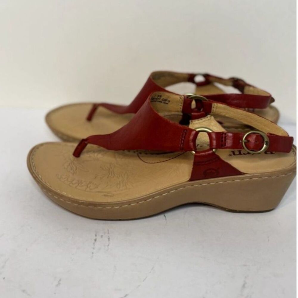 Born Red Leather Thong Sandals Women's Ankle Strap Wedge Heel